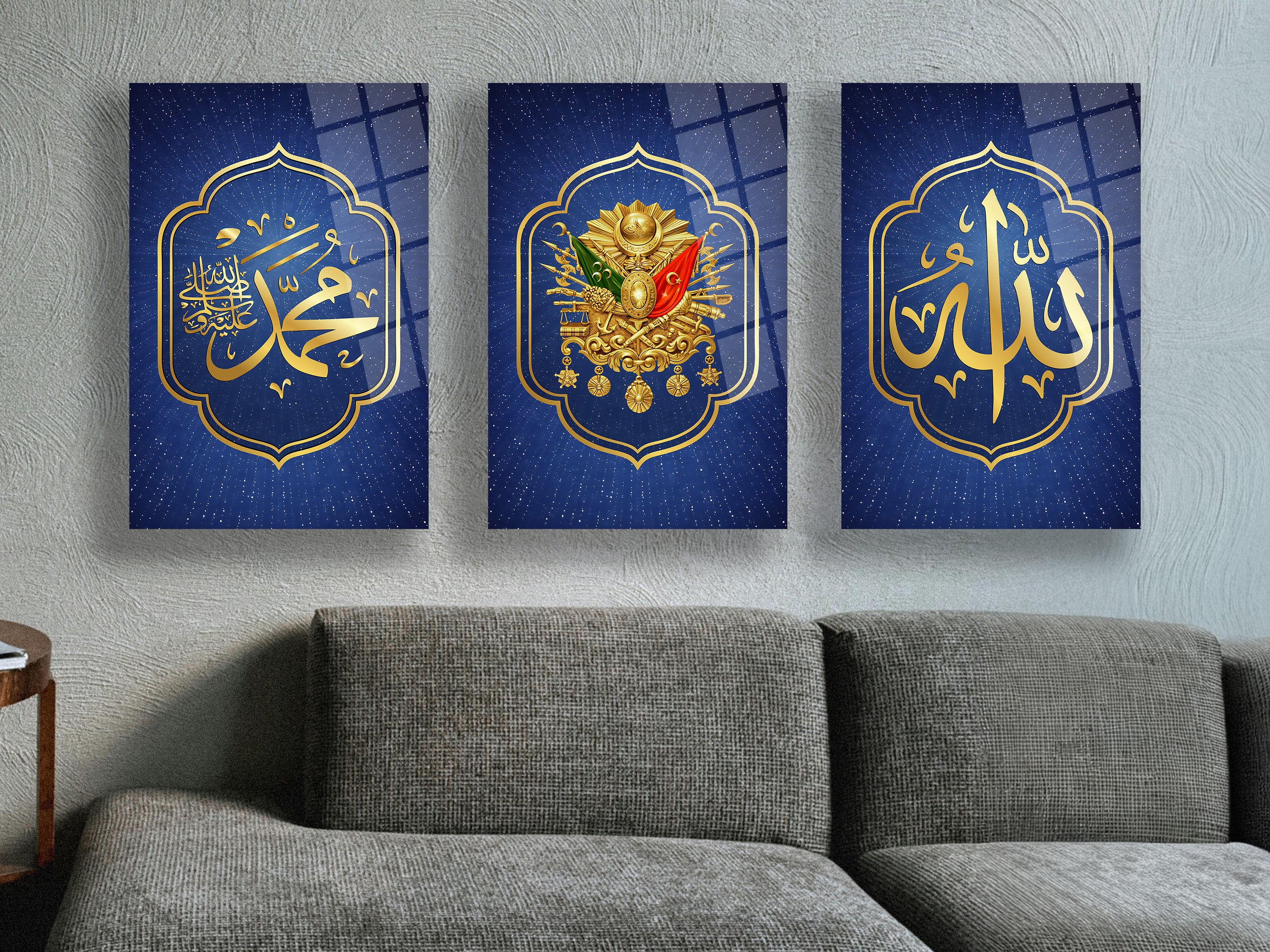 Allah (C.C.) Hz Muhammed (S.A.V.) Yazısı Osmanlı Sancağı Cam Tablo 3'lü Set