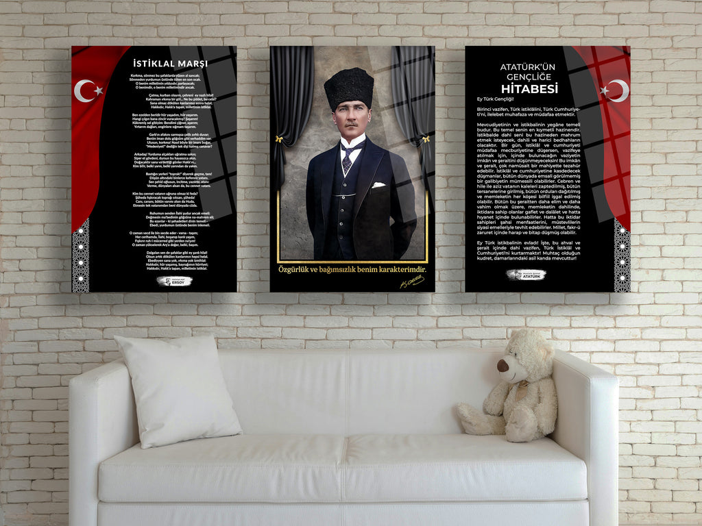 Atatürk-Gençliğe Hitabe-İstiklal Marşı Cam Tablo Set-1