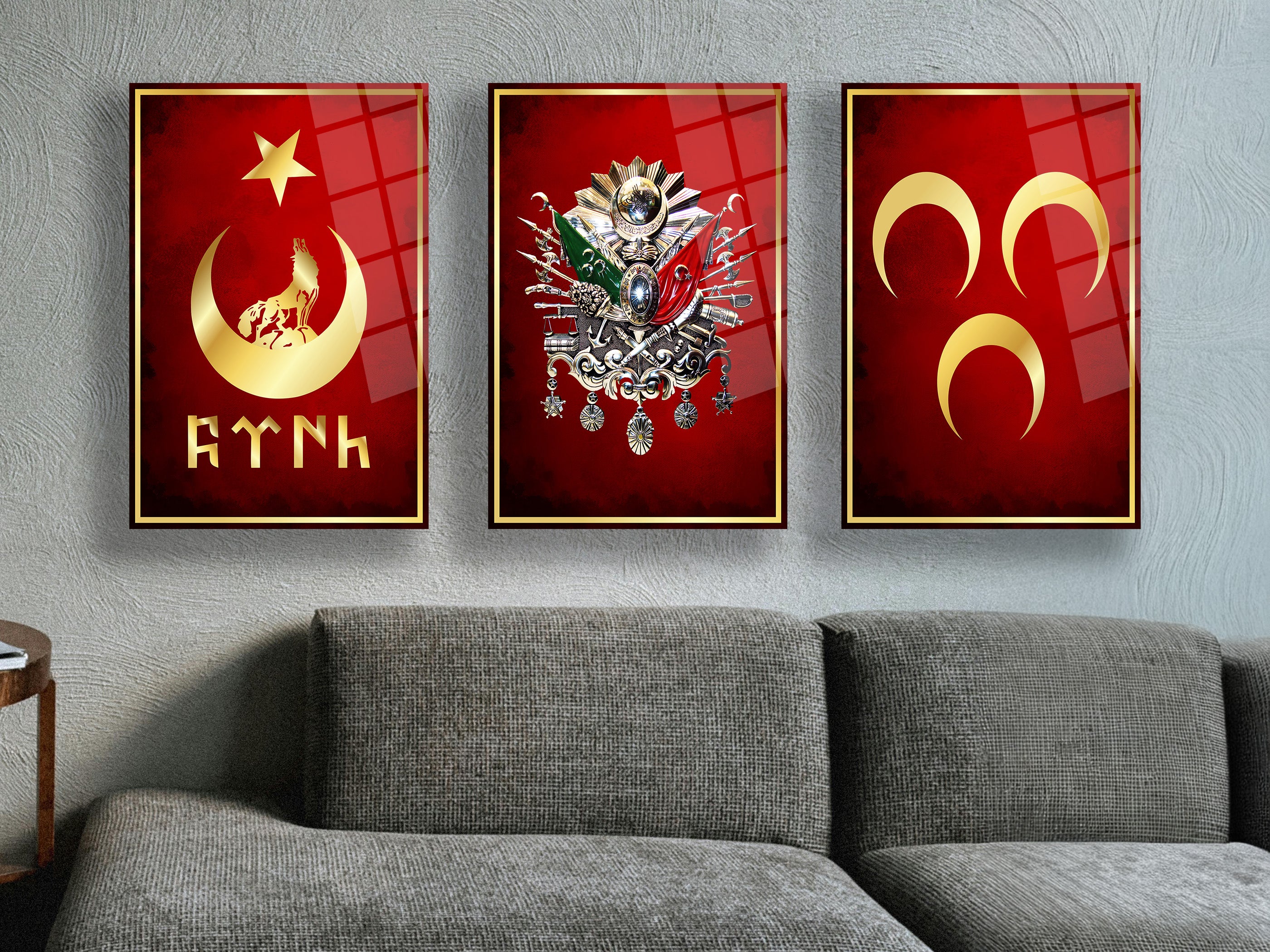 Üç Hilal - Osmanlı Tuğrası - Bozkurt ve Türk Bayrağı Cam Tablo 3lü Set