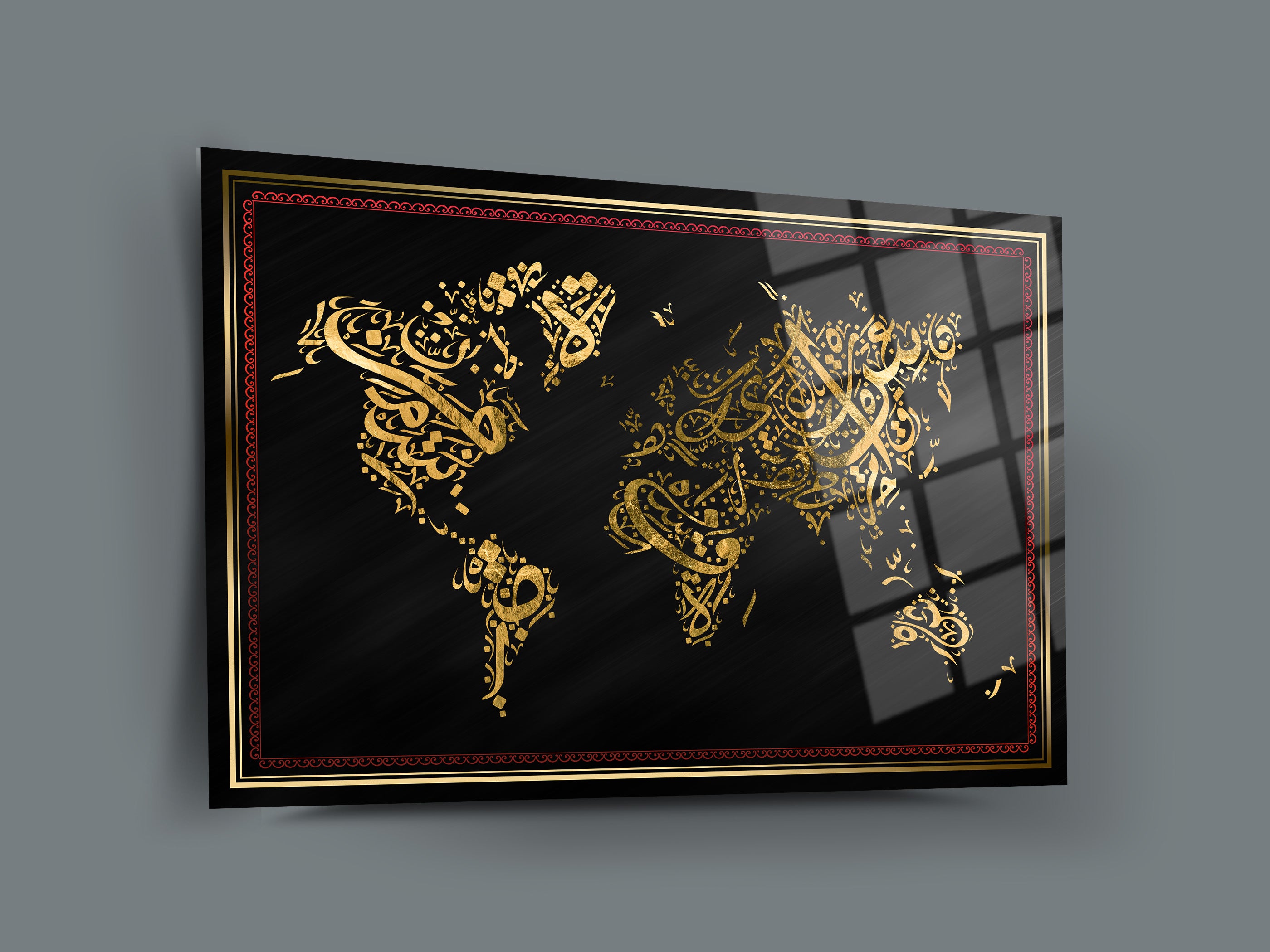 Arapça Yazı Dünya Haritası Cam Tablo