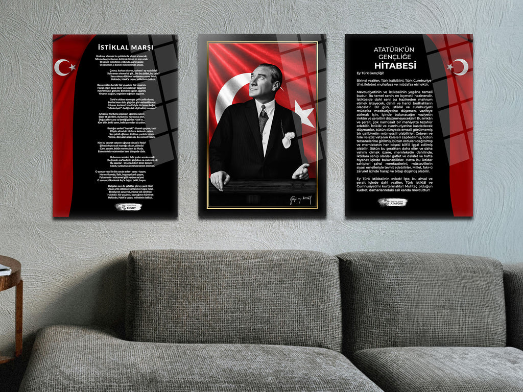 Atatürk 3'lü Set Cam Tablo-3 Atatürk Tablosu-İstiklal Marşı Tablosu-Gençliğe Hitabe Tablosu