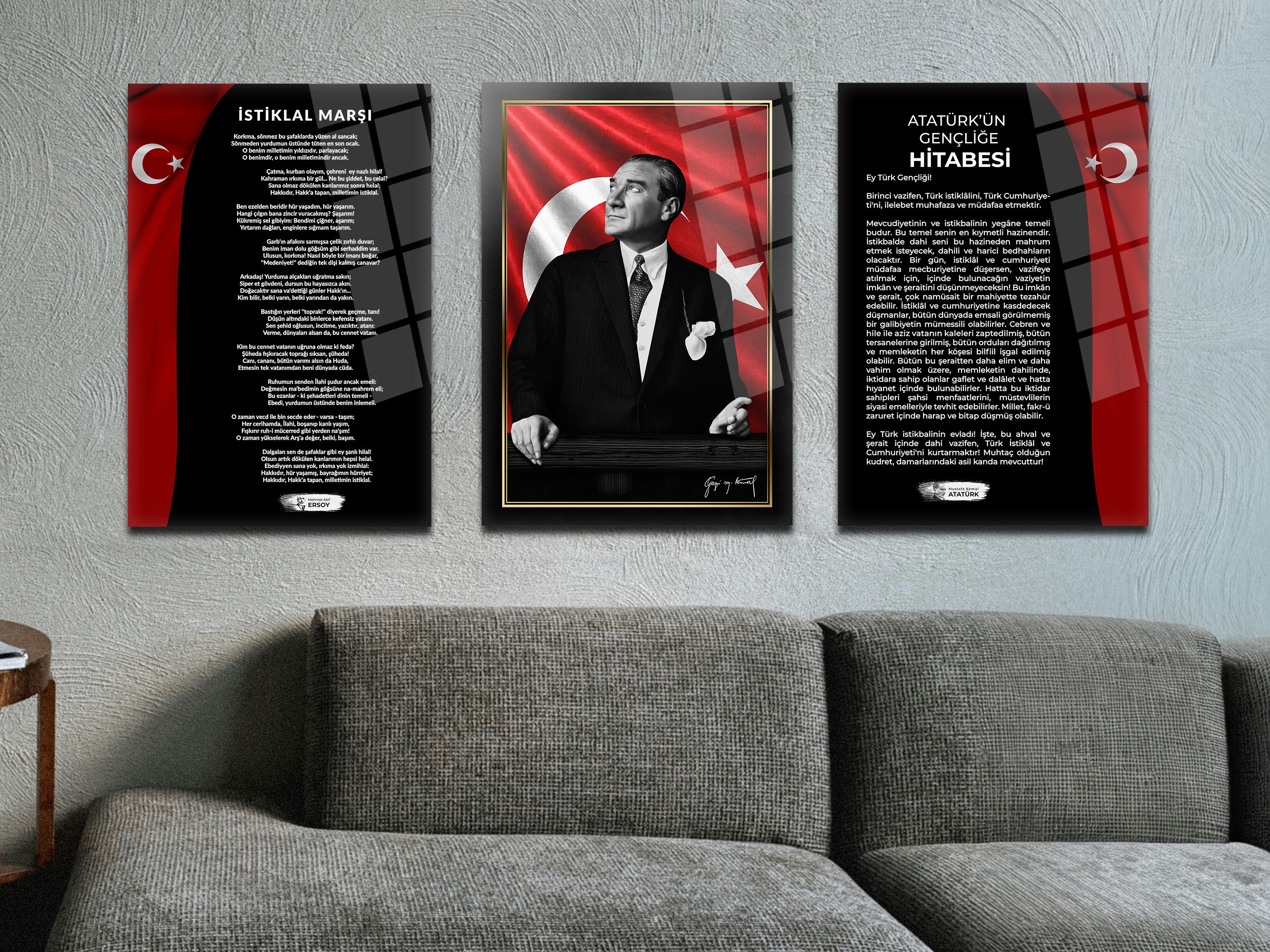 Atatürk 3'lü Set Cam Tablo-3 Atatürk Tablosu-İstiklal Marşı Tablosu-Gençliğe Hitabe Tablosu
