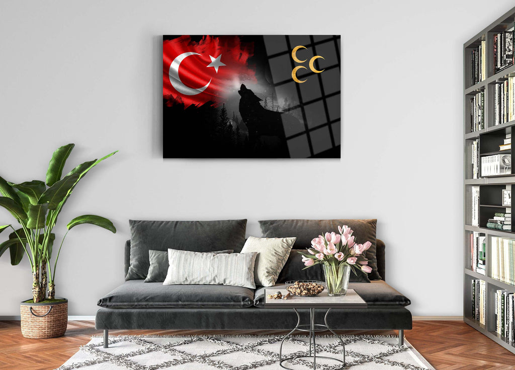 Bozkurt Üç Hilal Türk Bayrağı Cam Tablo