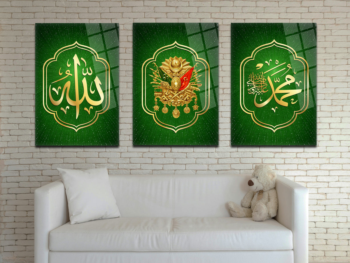 Allah (C.C) Yazısı - Hz. Muhammed (S.A.V.) Yazısı - Osmanlı Tuğrası Cam Tablo 3'lü Set-2