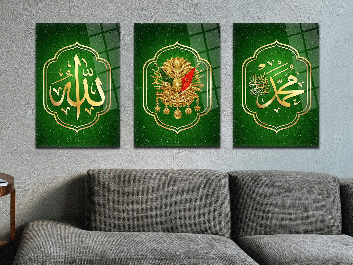 Allah (C.C) Yazısı - Hz. Muhammed (S.A.V.) Yazısı - Osmanlı Tuğrası Cam Tablo 3'lü Set-2