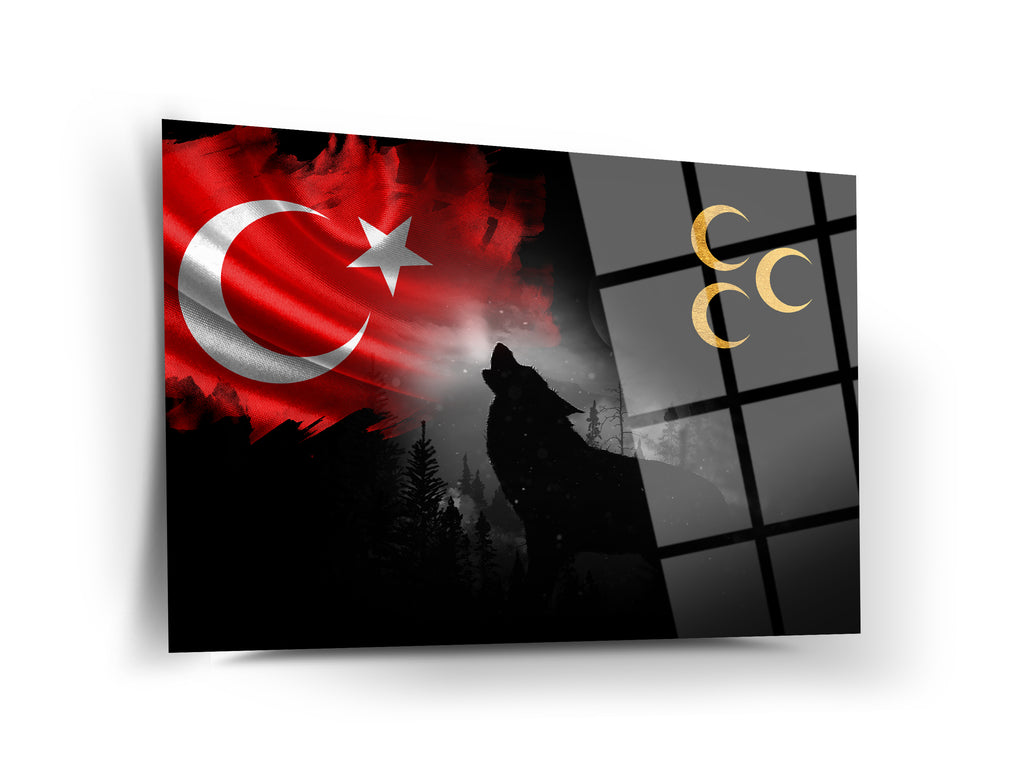 Bozkurt Üç Hilal Türk Bayrağı Cam Tablo
