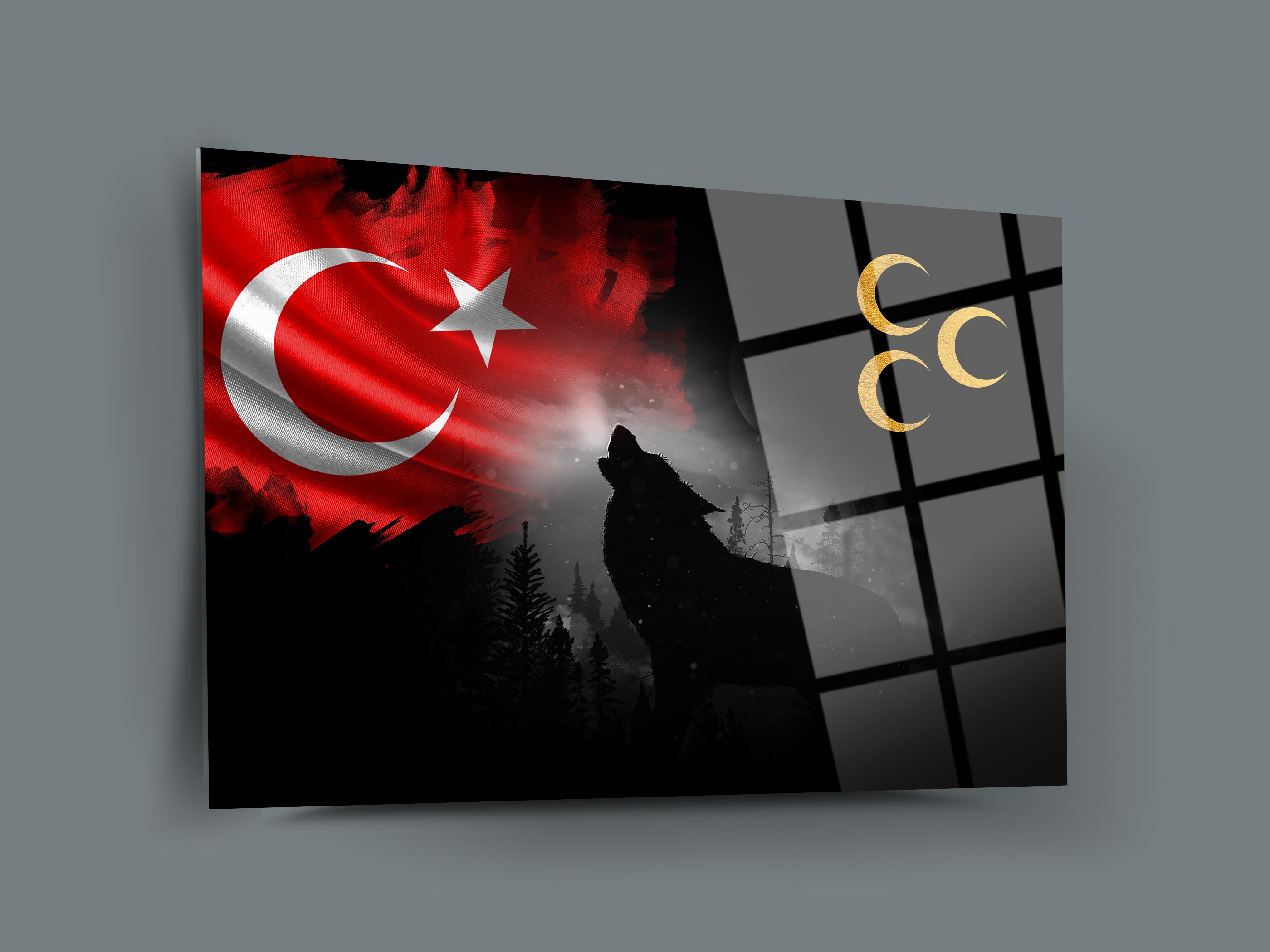 Bozkurt Üç Hilal Türk Bayrağı Cam Tablo