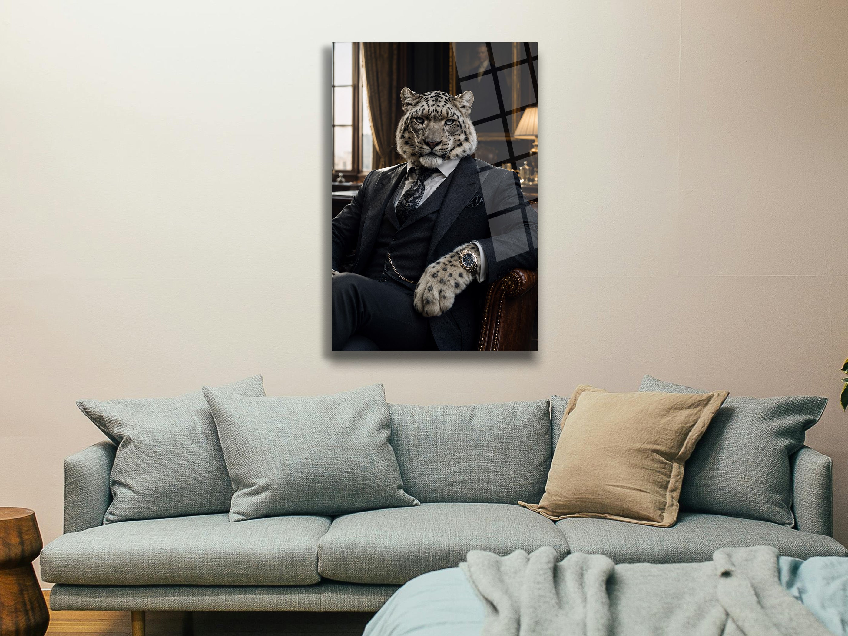 Takım Elbiseli Leopar Cam Tablo