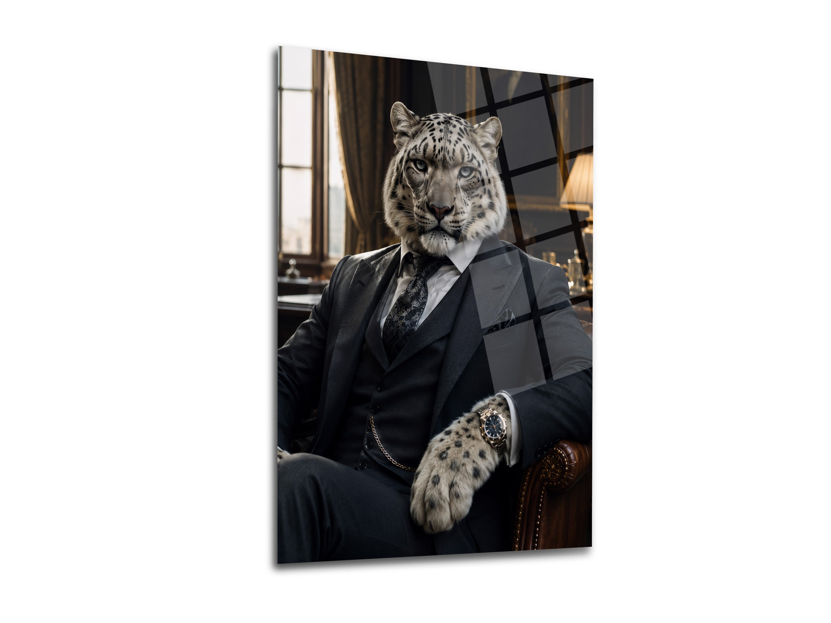 Takım Elbiseli Leopar Cam Tablo