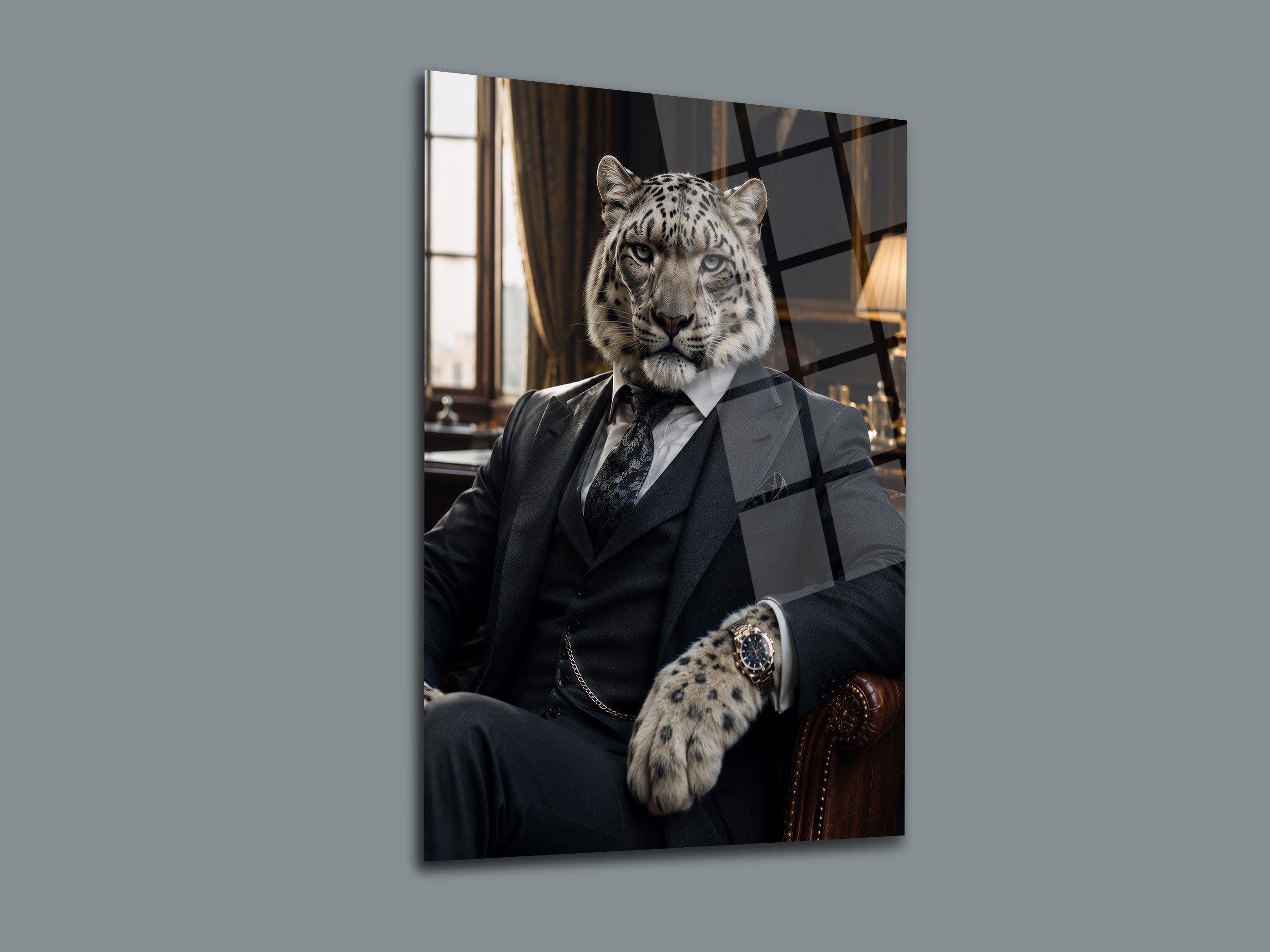 Takım Elbiseli Leopar Cam Tablo